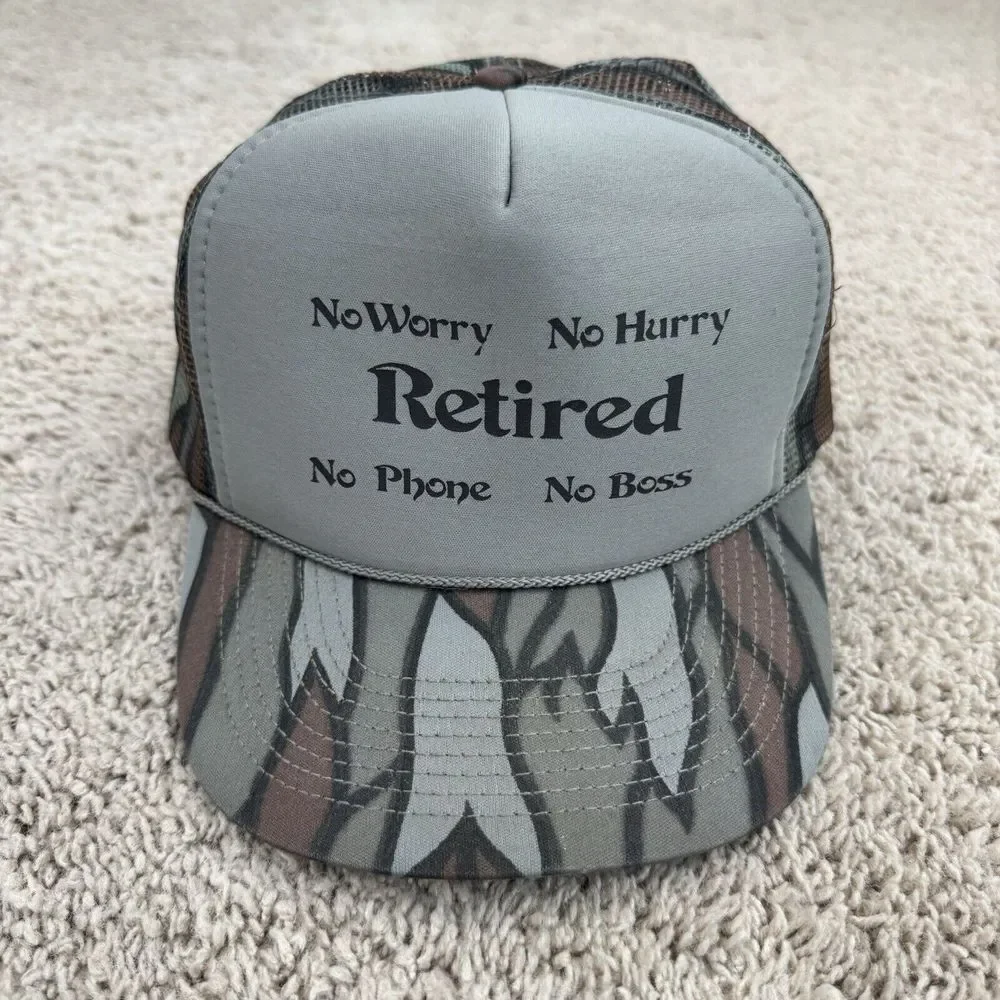 Retired Hat Camo Trucker Snapback No Worry Hurry‎ Phone Boss Vtg Foam Mesh Cap